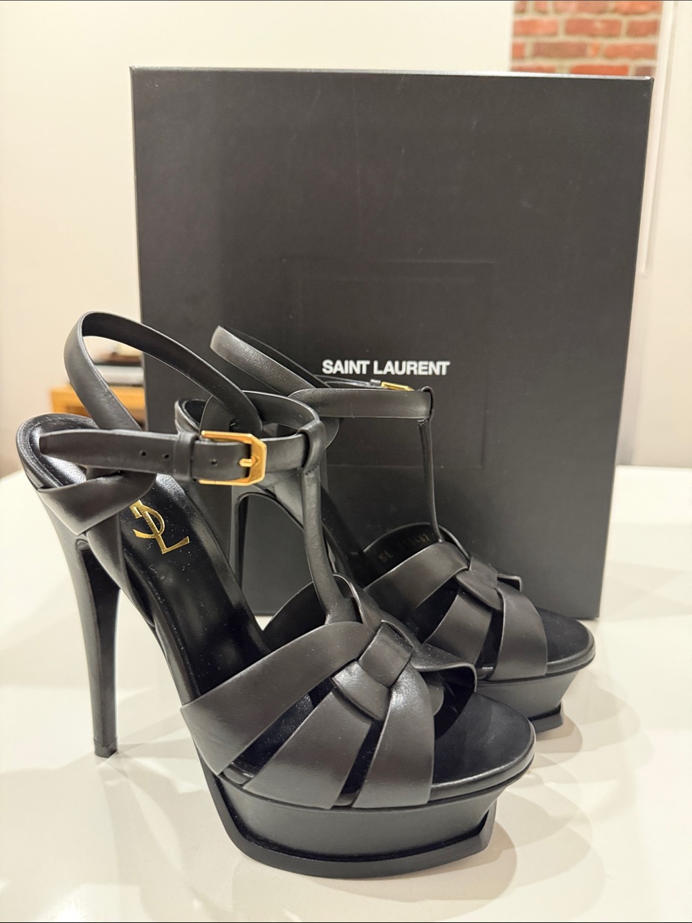 Saint Laurent Iconic Tribute Black Leather Braided T-Strap Platform Sandals
